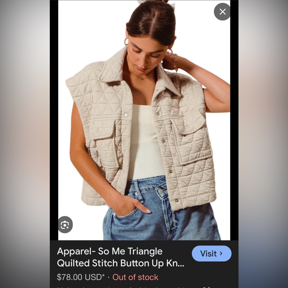 So Me Triangle Stitch Button Up Quilted Cream Vest - Size M EUC - Picture 2 of 8